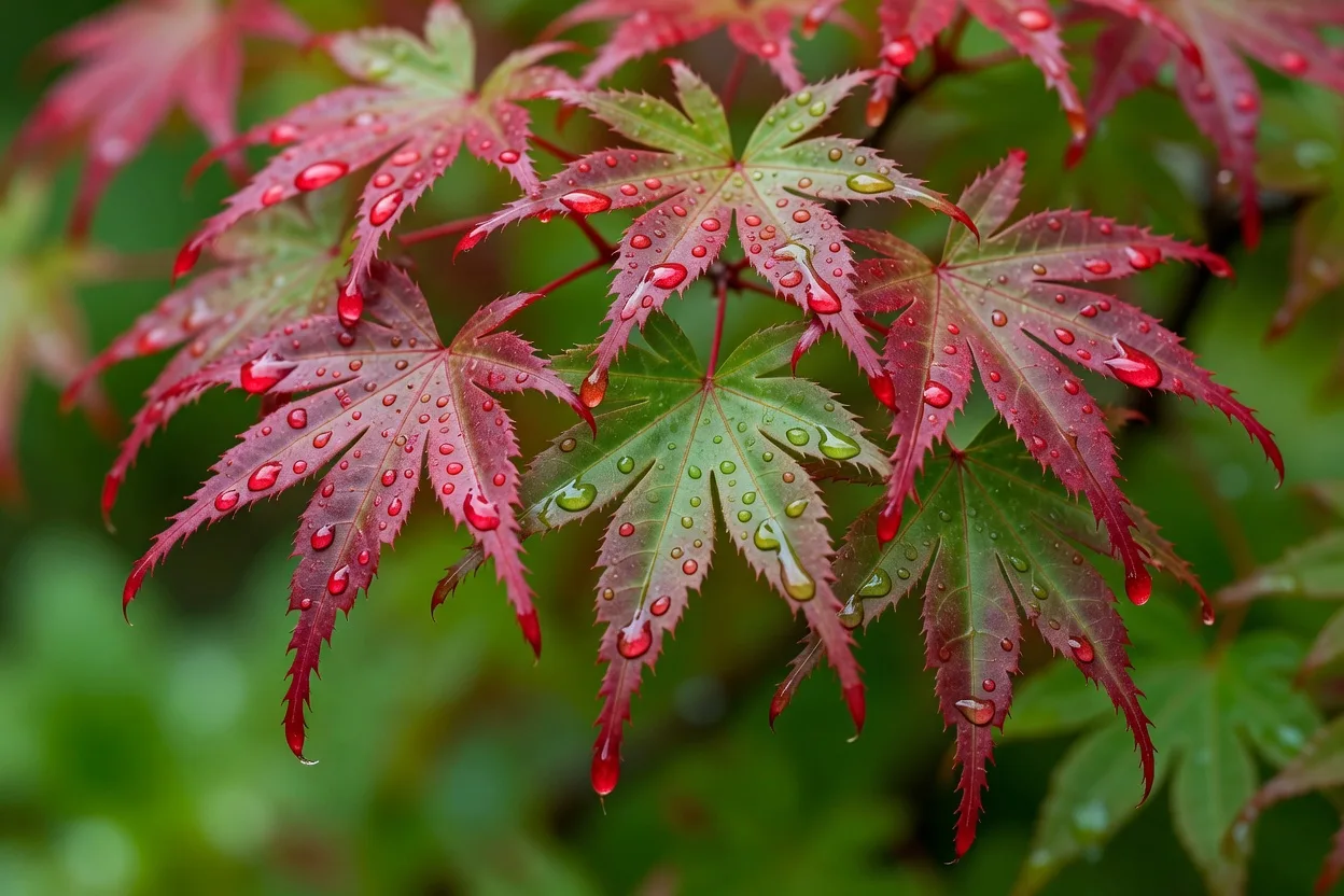 雨に濡れるもみじ